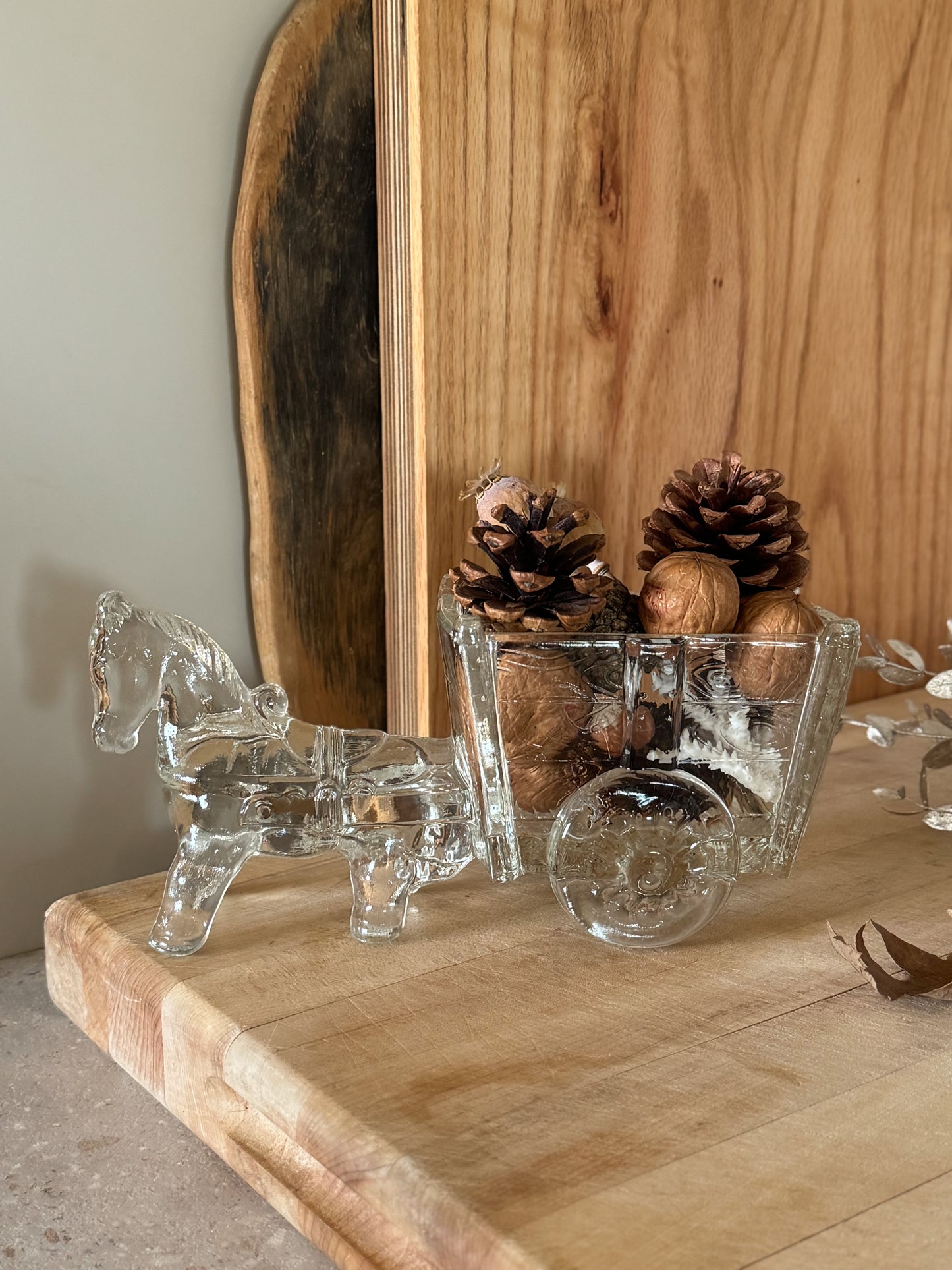 Vintage Midcentury Scandinavian Glass Horse and Cart