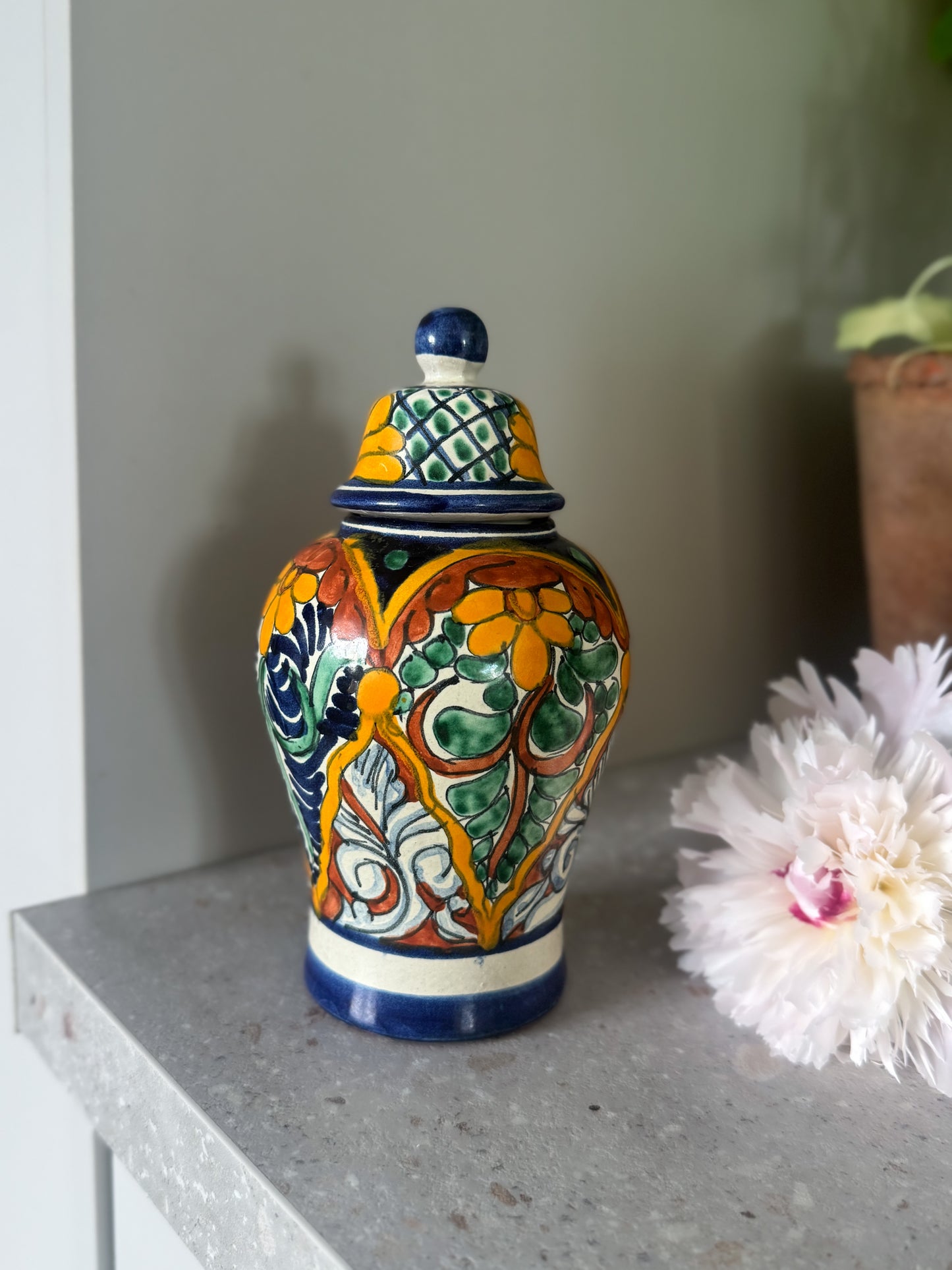 Vintage Hand-Painted Mexican Talavera Jar with Lid | Ginger Jar