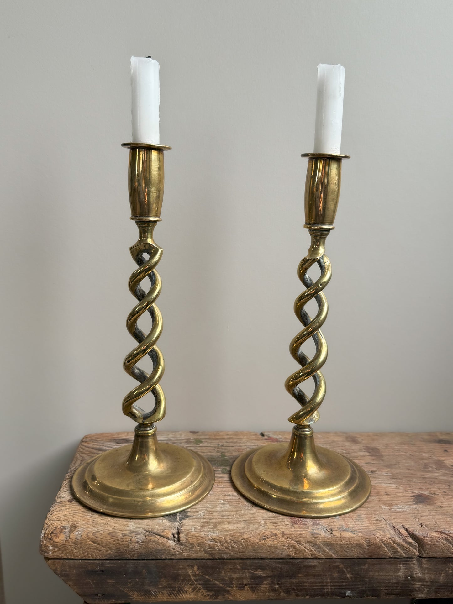 Pair of Antique Victorian Tall Solid Brass Barley Twist Candlesticks