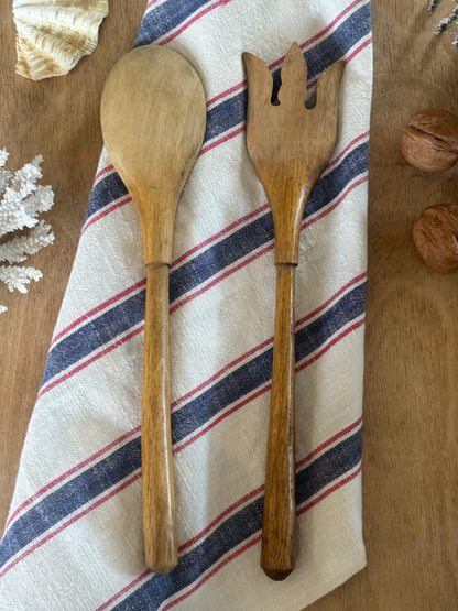 Vintage Hand-Carved Solid Wood Salad Servers - Folk-Inspired Detailing