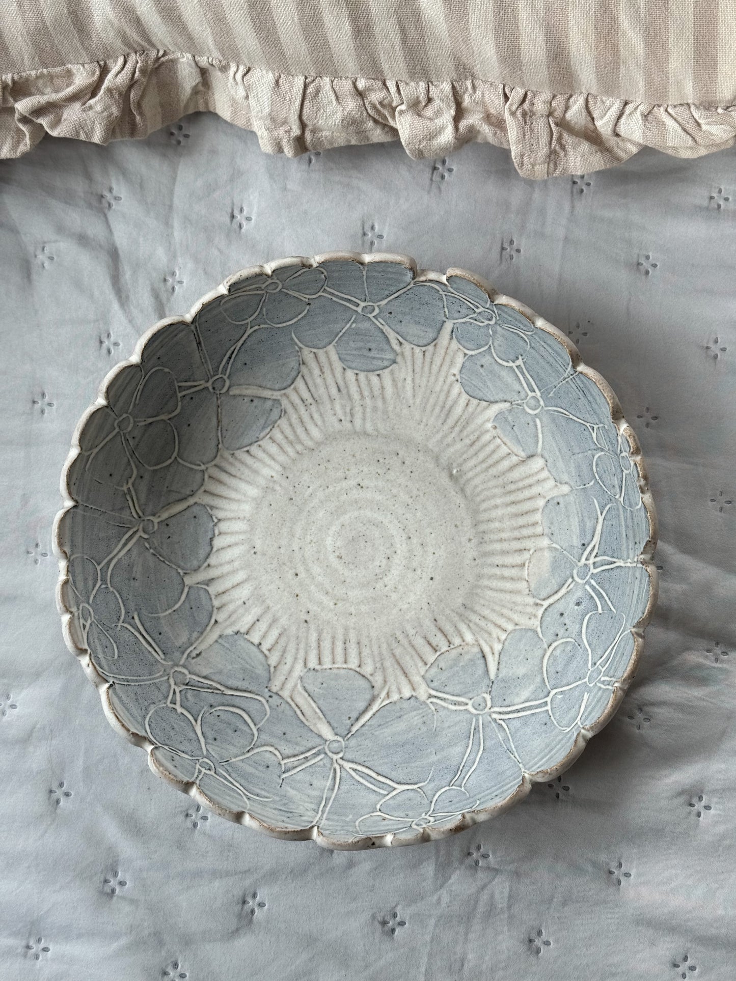 Handmade Studio Pottery Bowl by Syl and Ray Macro, Floral Design & Scalloped Edge