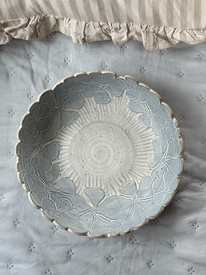 Handmade Studio Pottery Bowl by Syl and Ray Macro, Floral Design & Scalloped Edge