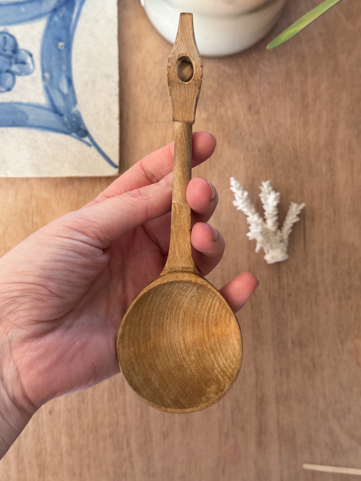 Antique Welsh Hand-Carved Cawl Spoon with Carved Ball Handle