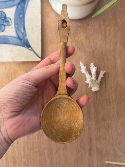 Antique Welsh Hand-Carved Cawl Spoon with Carved Ball Handle