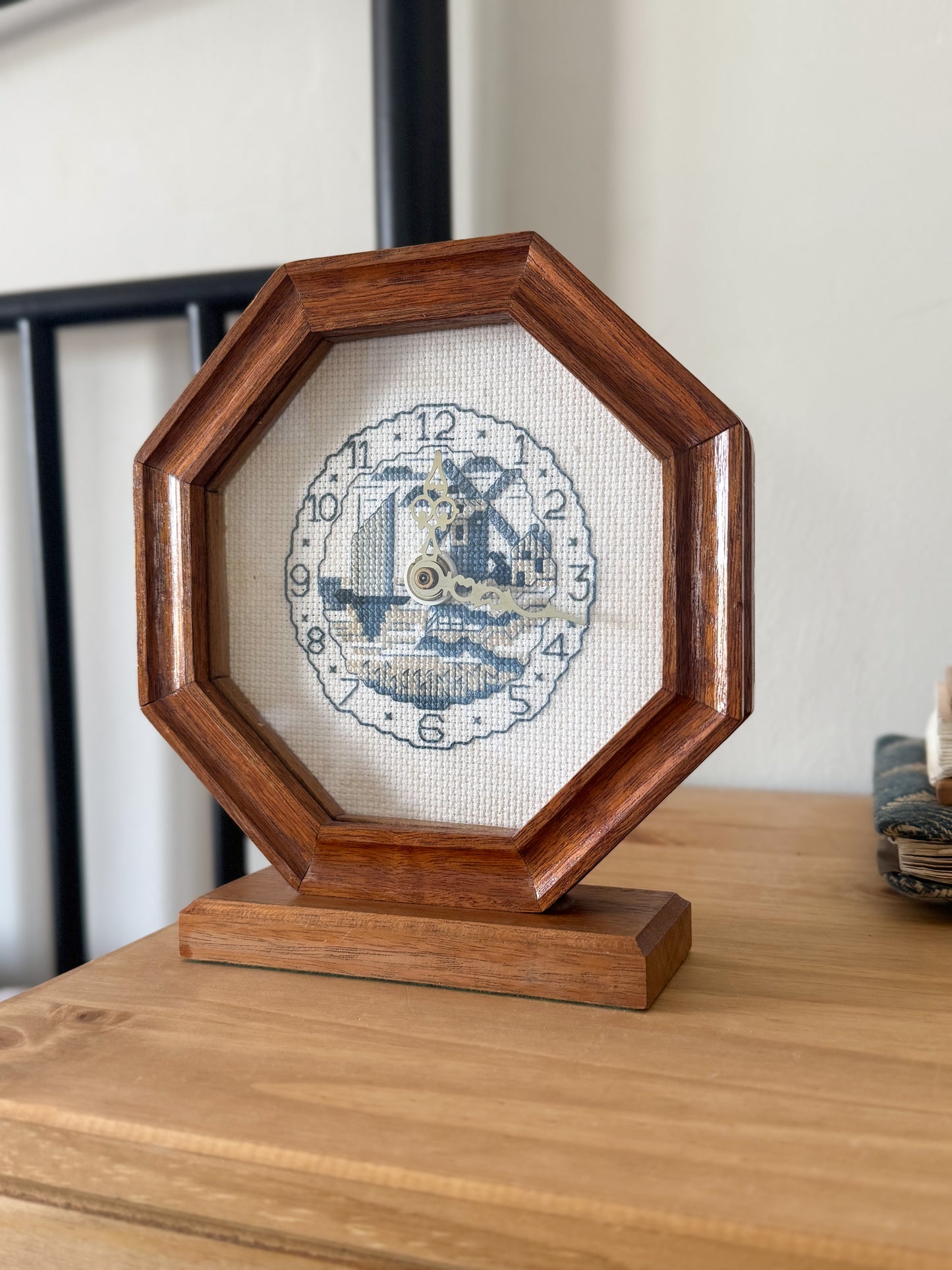 Vintage Handmade Folk Art Clock with Embroidered Seaside Scene