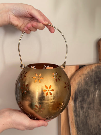 Large Vintage Brass Floral Cut-Out Lantern