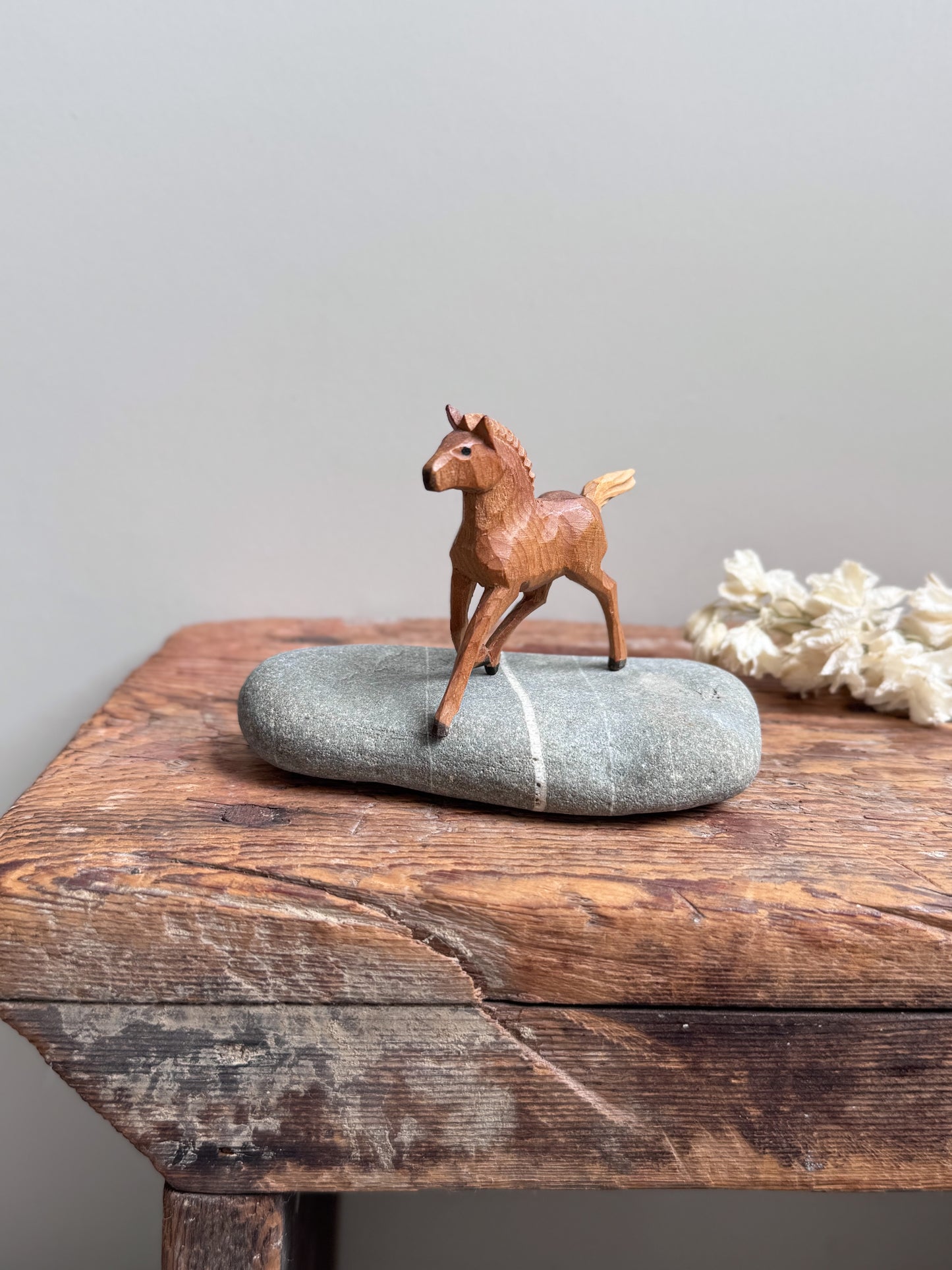 Vintage Hand-Carved Wooden Foal - Miniature Folk Art Horse Sculpture