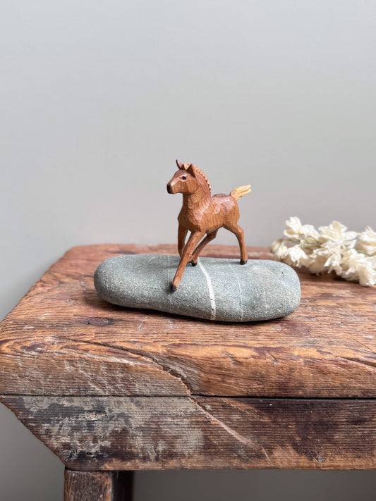 Vintage Hand-Carved Wooden Foal - Miniature Folk Art Horse Sculpture