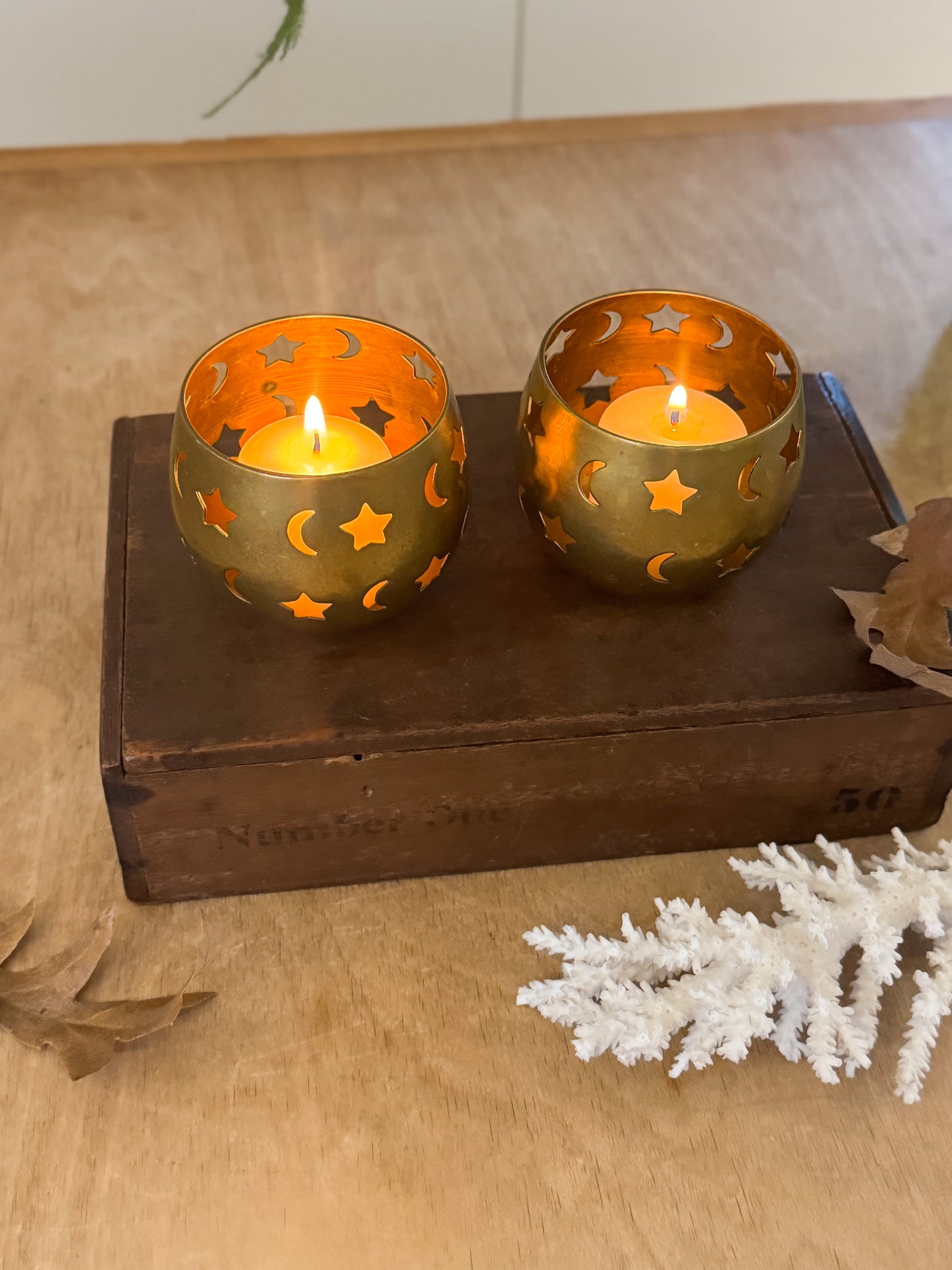 Vintage Solid Brass Star & Moon Candle Holders (Pair)