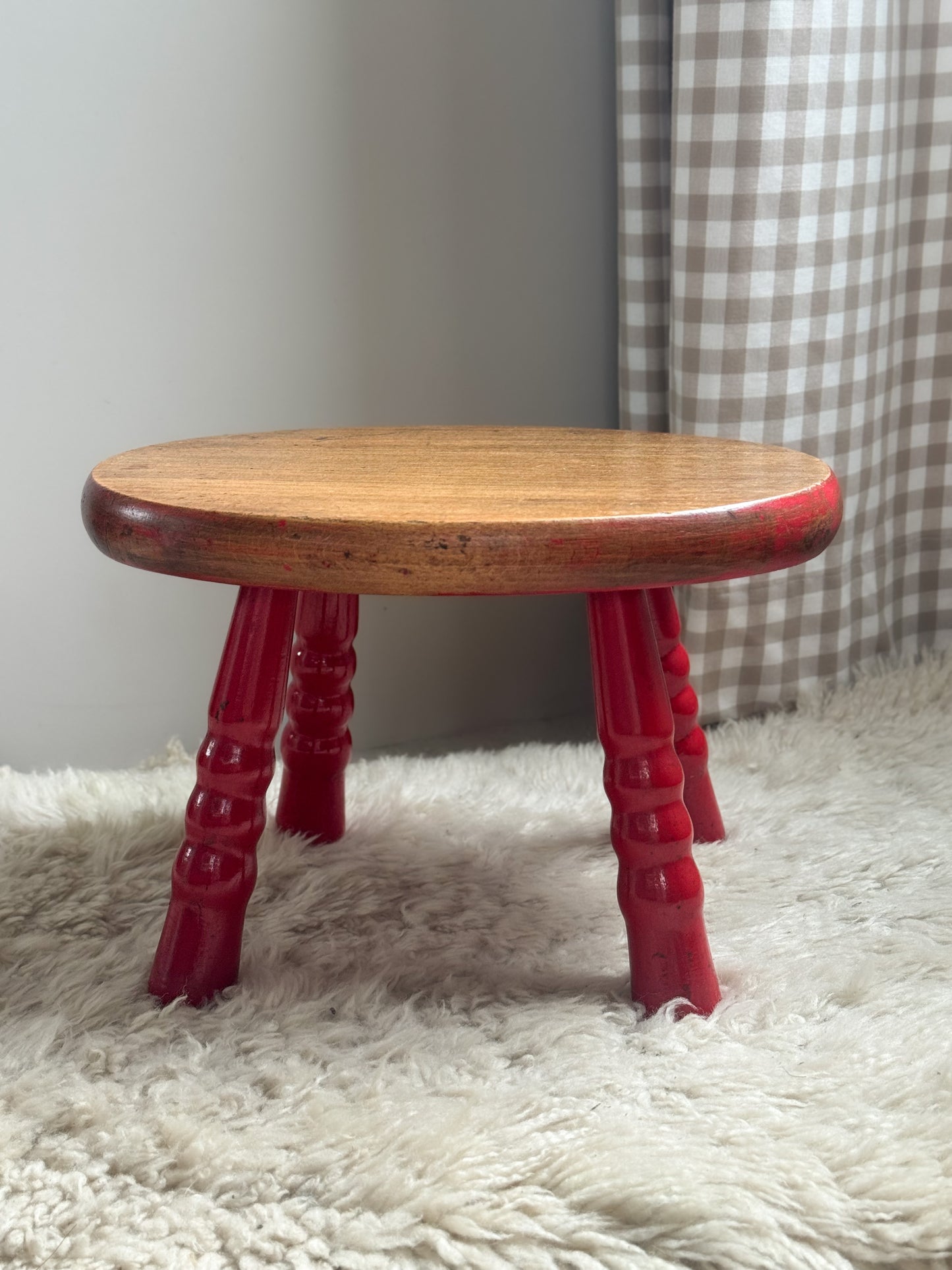 Vintage Midcentury Red Painted Handmade Wooden Stool - Made in Yugoslavia