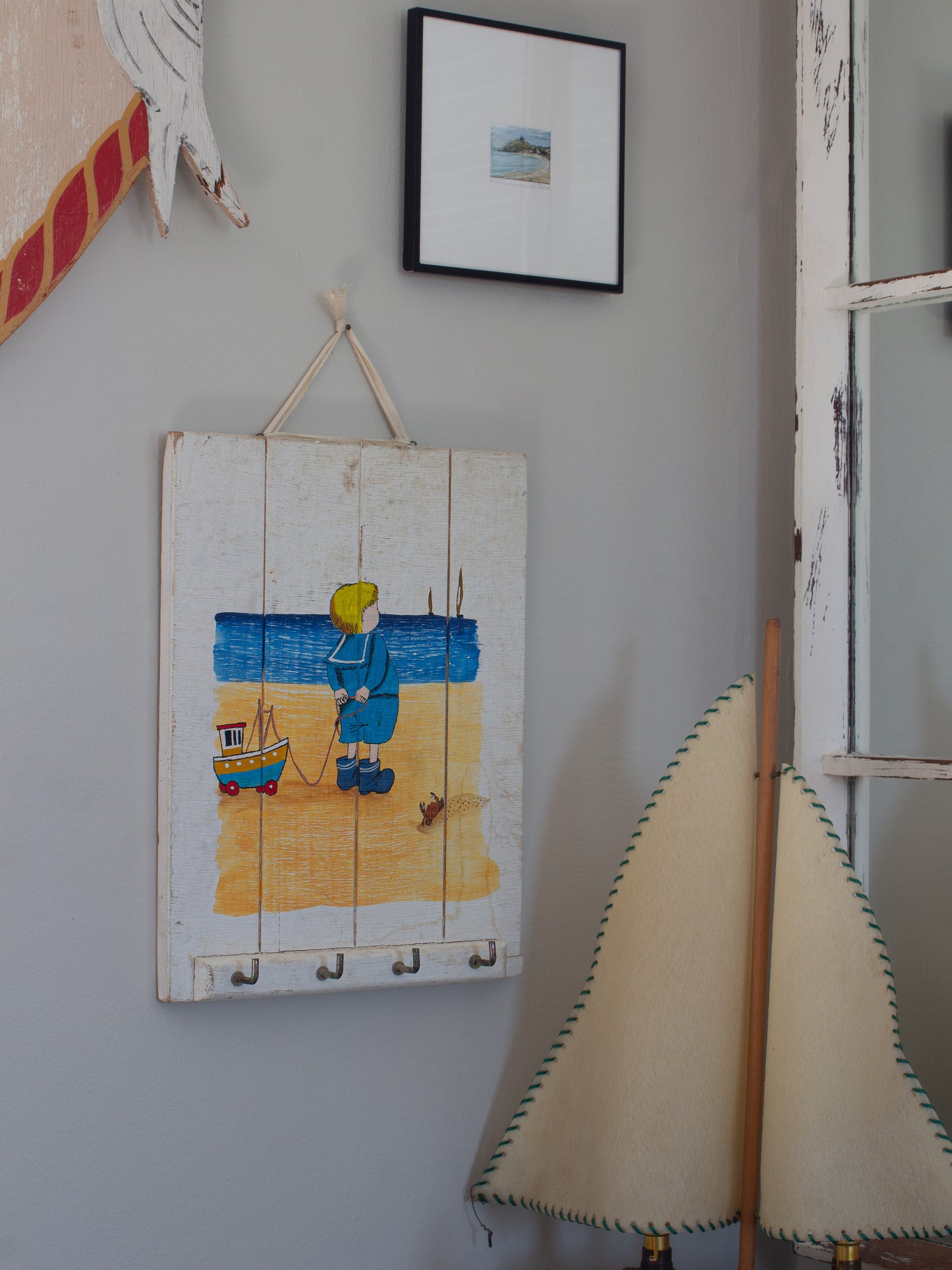 Vintage Folk Art Hand-Painted Seaside Wall Hooks