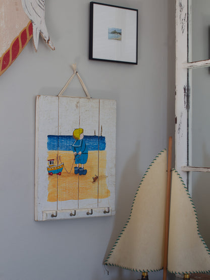 Vintage Folk Art Hand-Painted Seaside Wall Hooks