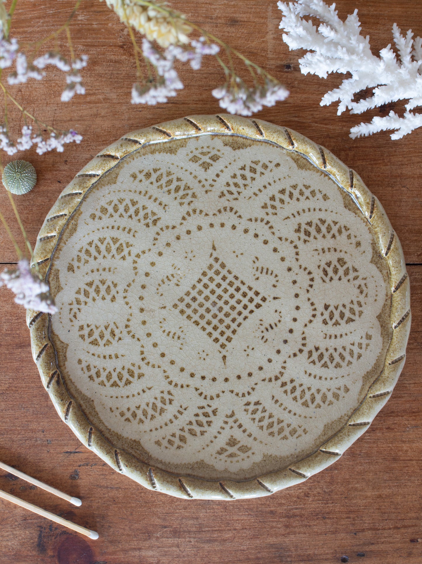 Vintage Studio Pottery Lace Detail Tray / Wall Plate