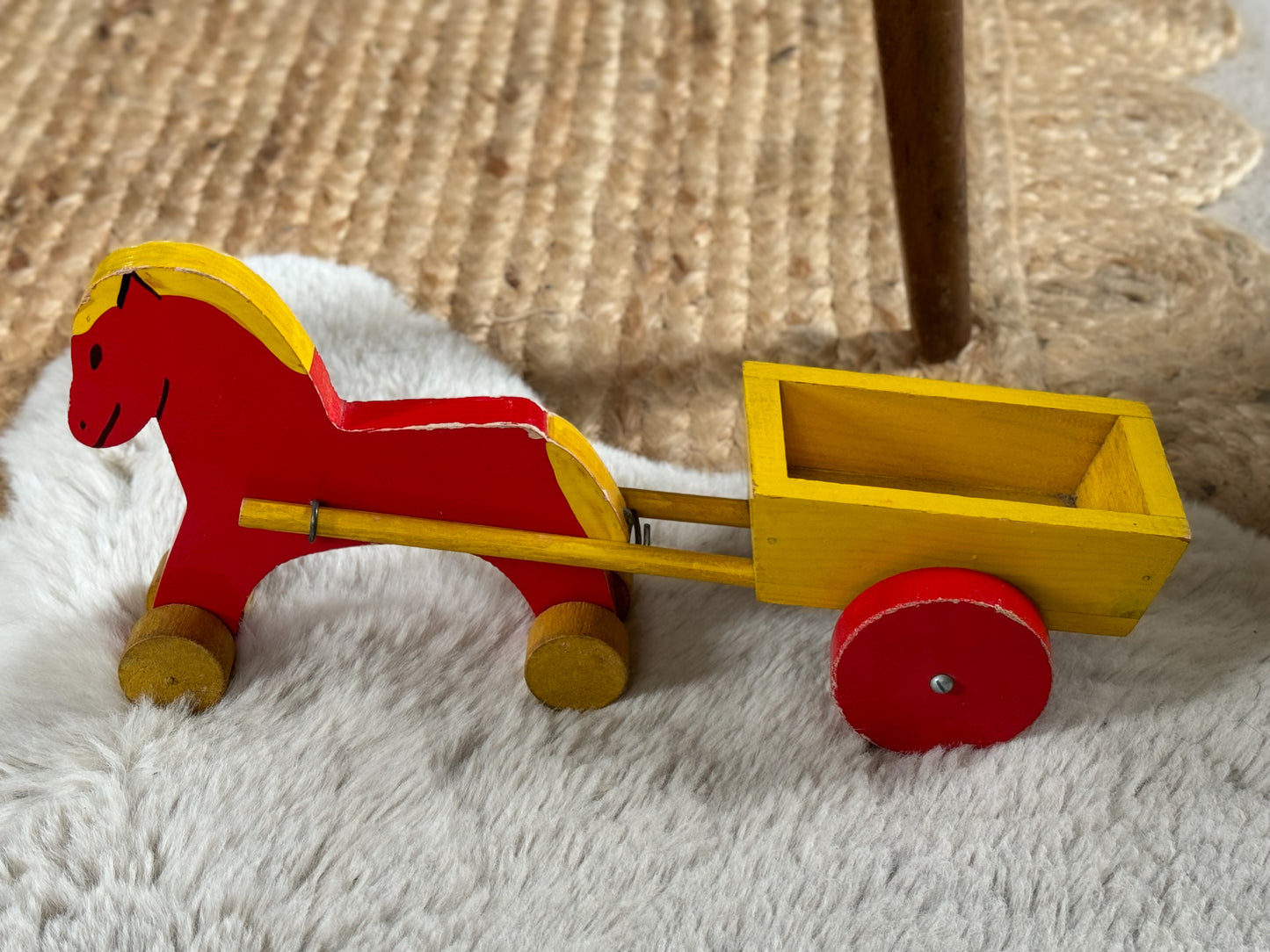 Midcentury Handmade Folk Art Pull Along Horse & Cart