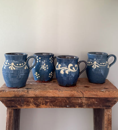 Set of 4 Vintage Studio Pottery Slipware Mugs — Blue & Cream Terracotta