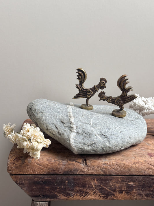 Pair of Vintage Solid Brass Pecking Hens
