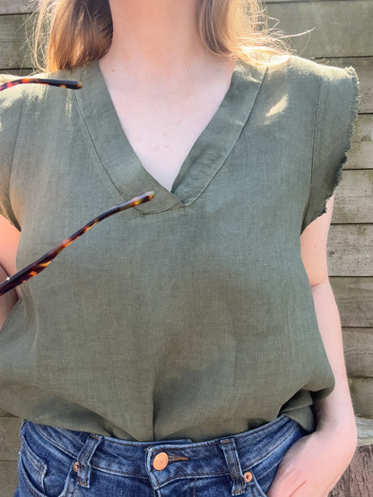 Vintage 100% Linen Top, Olive Green, Made in Italy, Size M-L