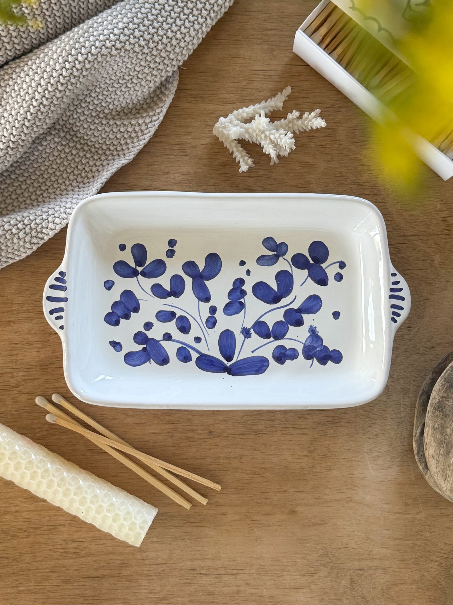 Vintage Mediterranean Studio Pottery Tray - Hand-Painted Blue Florals