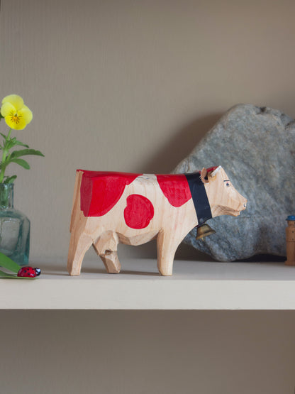 Vintage Hand-Carved Wooden Cow with Bell • Y Fuwch Fach Goch | The Little Red Cow