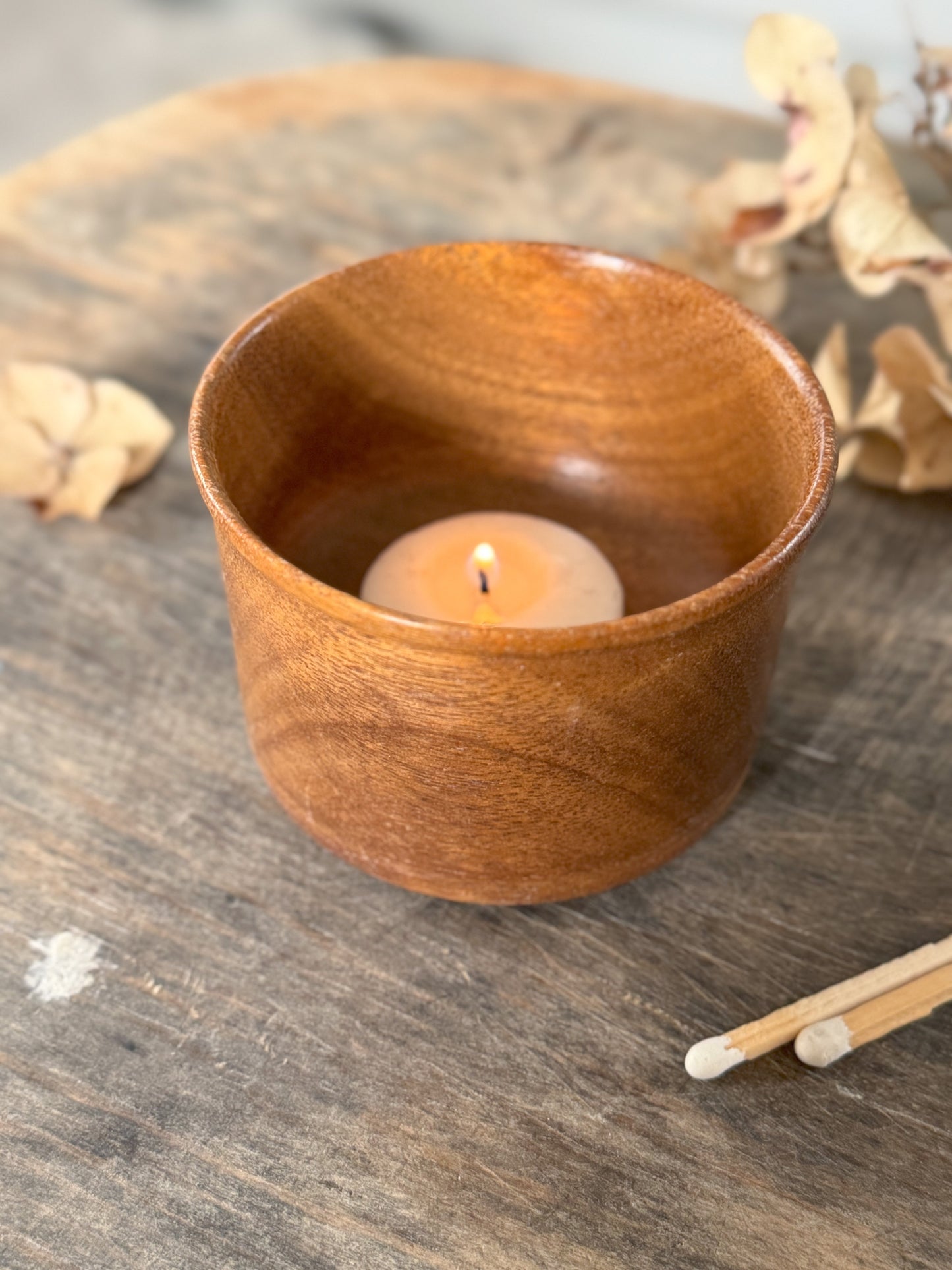 Vintage Hand-turned Wooden Match Pot | Tea-light holder