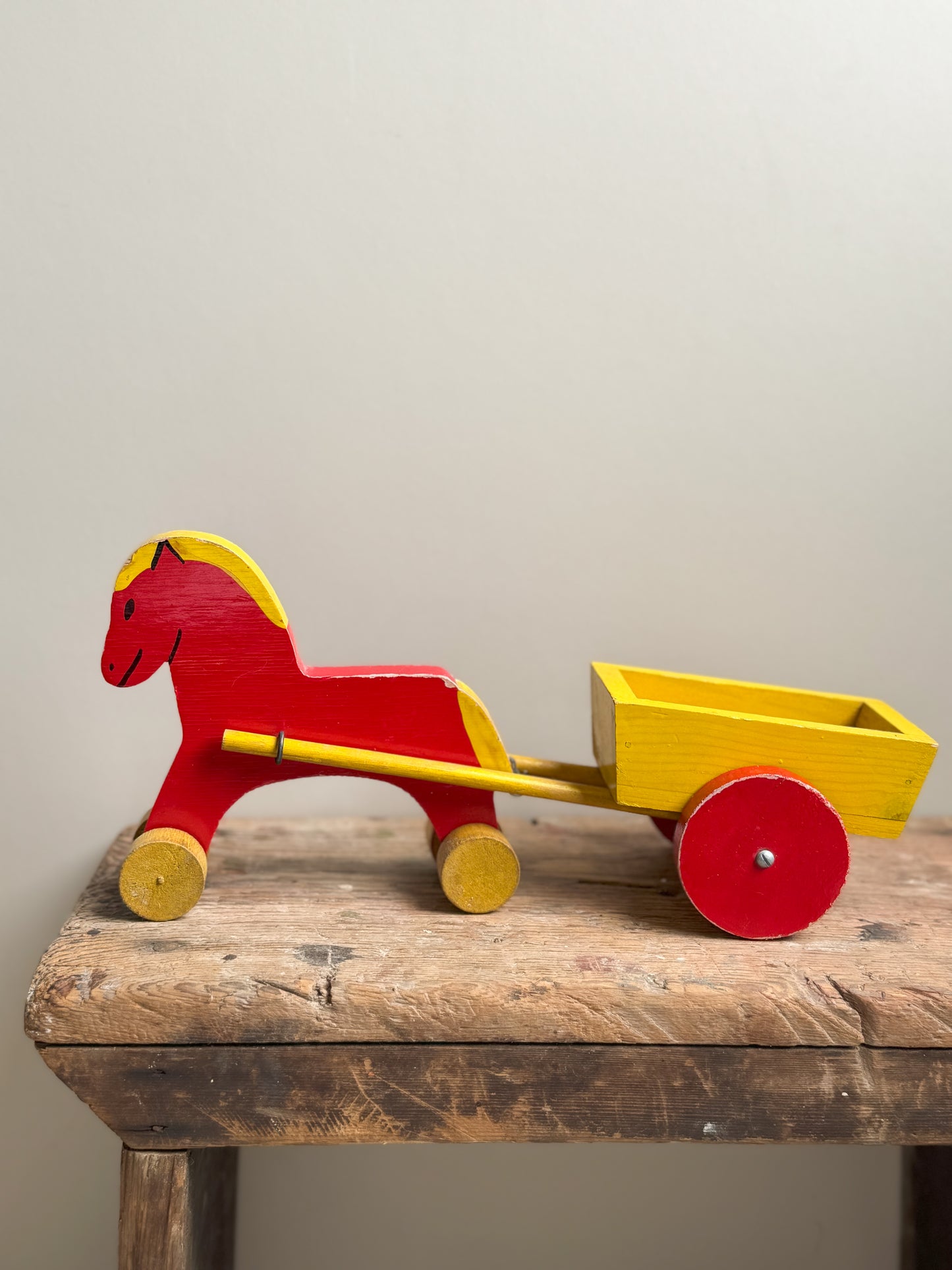 Midcentury Handmade Folk Art Pull Along Horse & Cart