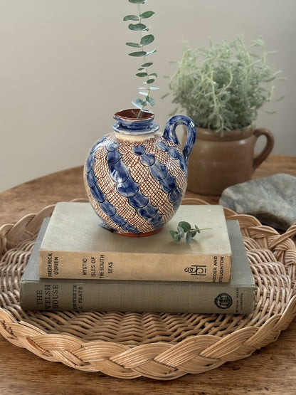 Vintage Glazed Blue Slipware Sculptural Jug