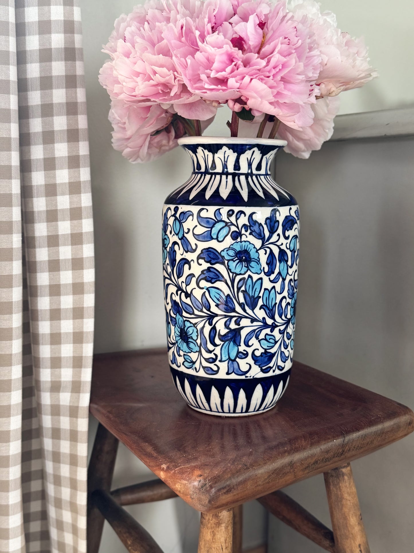Large Vintage Blue Floral Studio Pottery Vase, Handmade in Pakistan