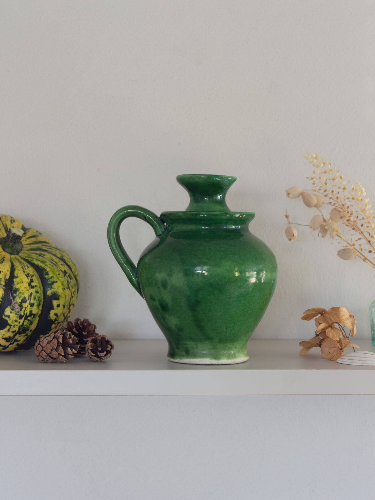 Vintage Handmade Mediterranean Green Glazed Pottery Olive Oil Jug