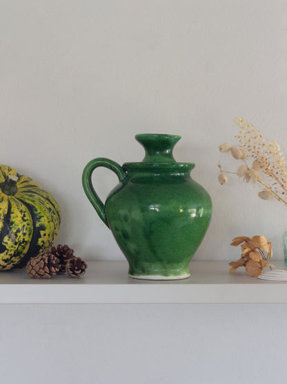 Vintage Handmade Mediterranean Green Glazed Pottery Olive Oil Jug