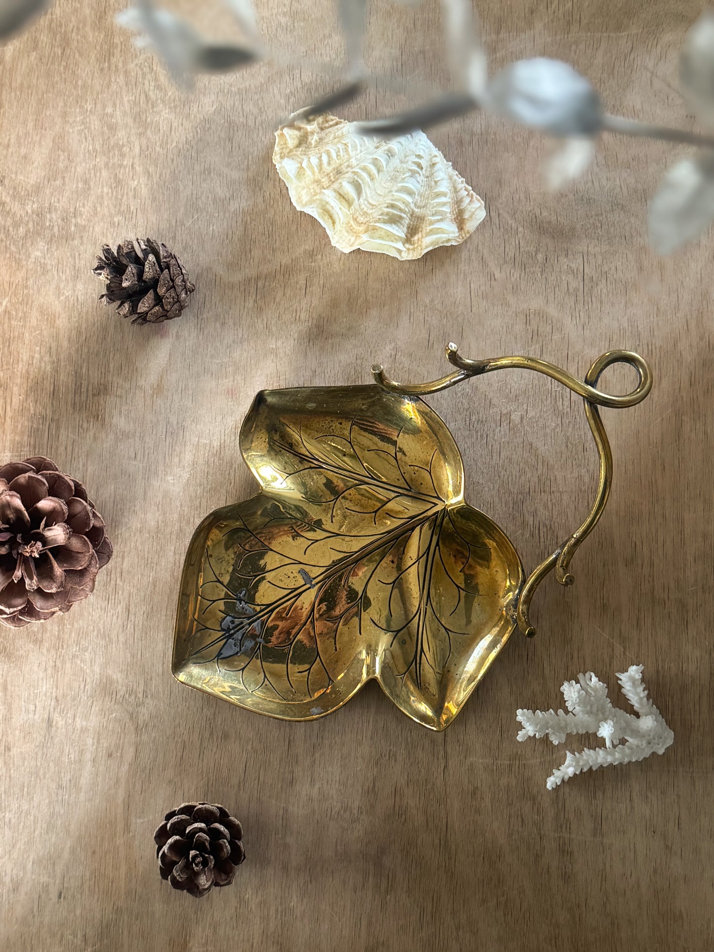 Vintage Handmade Solid Brass Leaf Dish with Handle