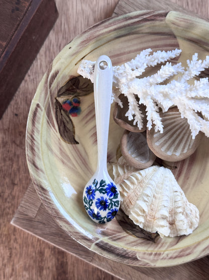 Vintage Polish Pottery Sugar Spoon with Hand-Painted Blue Floral Motif