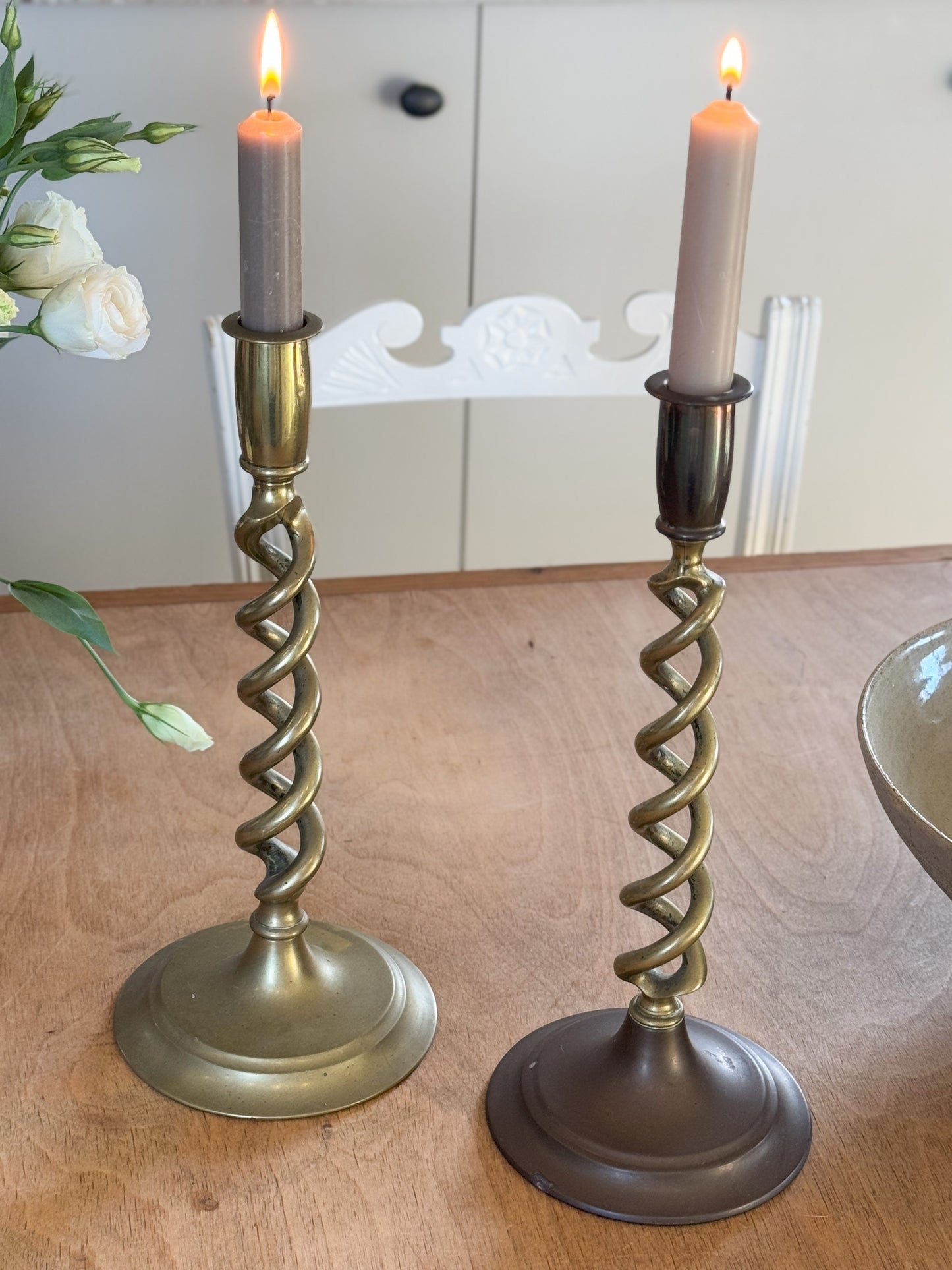 Pair of Antique Victorian Tall Solid Brass & Copper Barley Twist Candlesticks