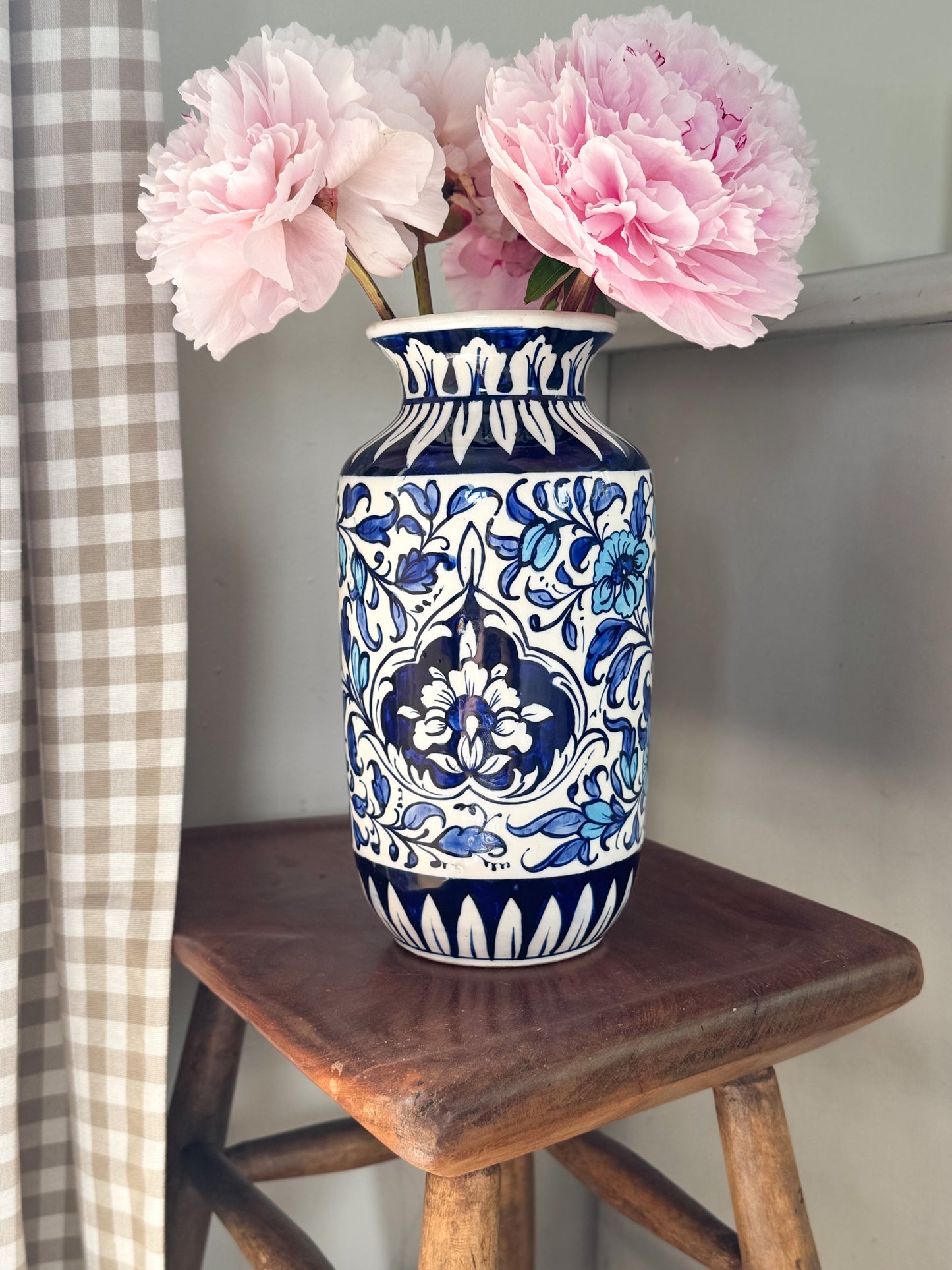 Large Vintage Blue Floral Studio Pottery Vase, Handmade in Pakistan
