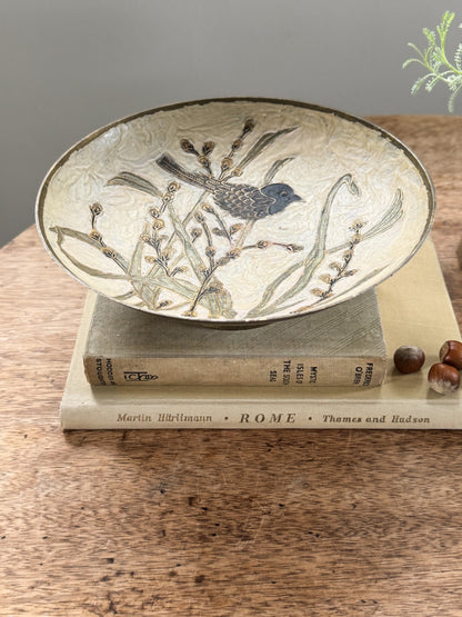 Vintage Solid Brass Pedestal Bowl with Hand-Painted Blackbird Design