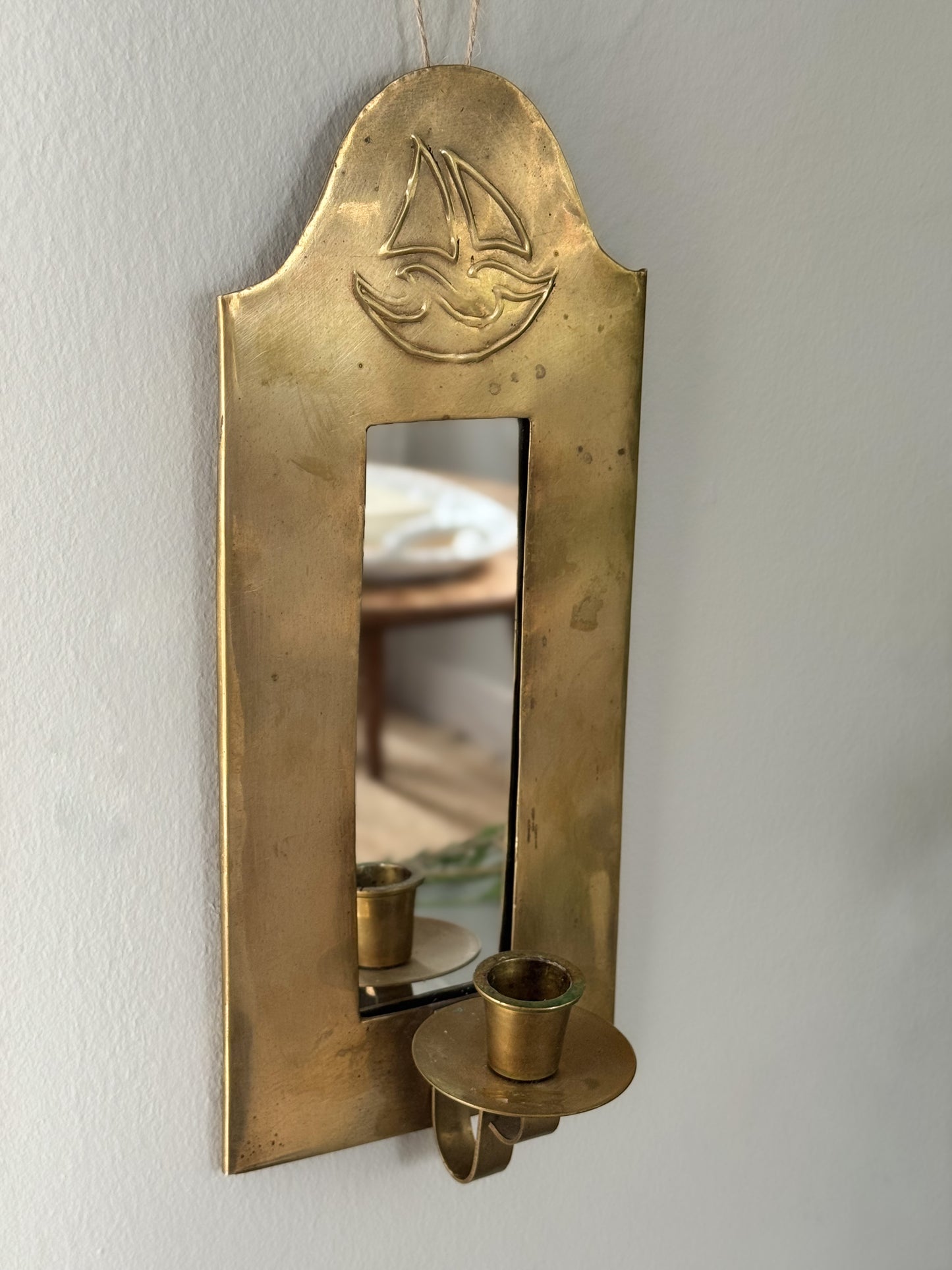 Vintage Brass Sailing Ship Mirrored Wall Sconce