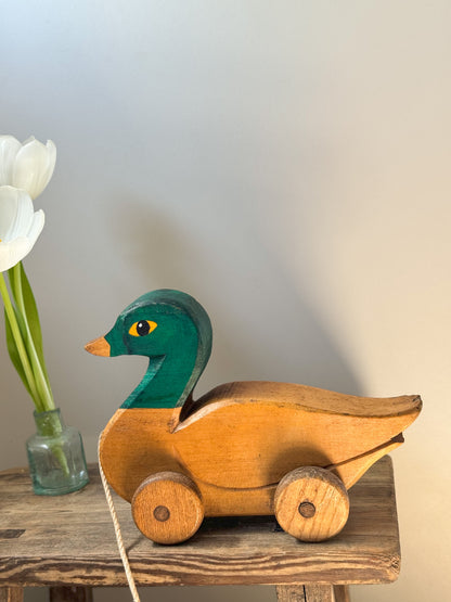 Vintage 1950s Handmade Wooden Pull Along Duck Toy