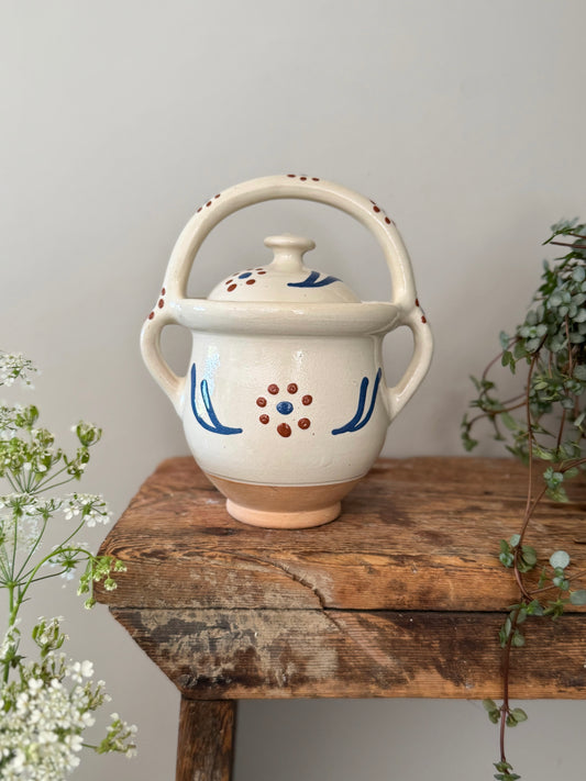 Hand-Painted Folk Art Studio Pottery Lidded Pot — Signed, 
Sourced in Prenzlauer Berg, Berlin