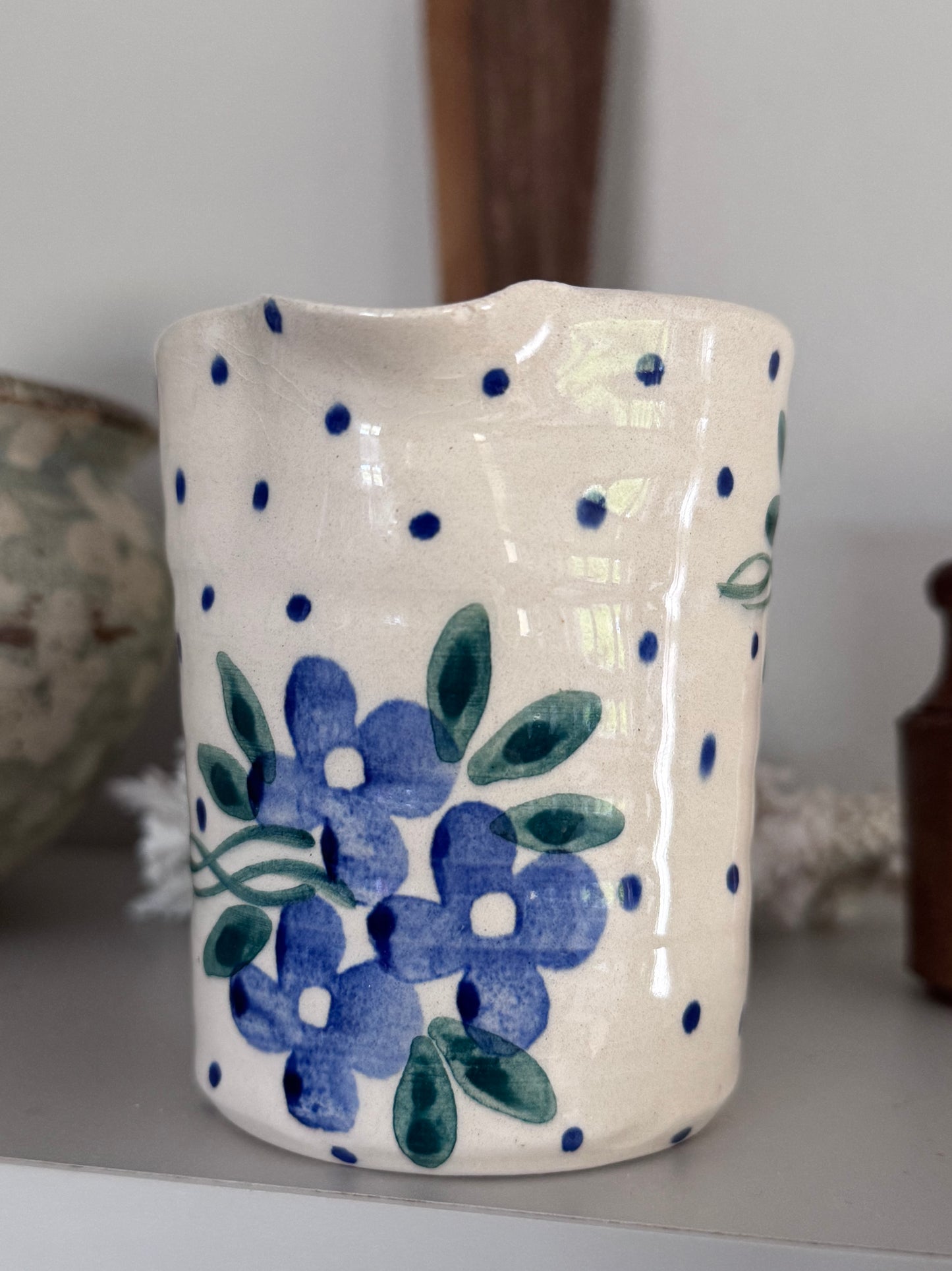 Vintage Blue Floral Polka Dot Spongeware Jug by Bell Pottery,  Oxfordshire