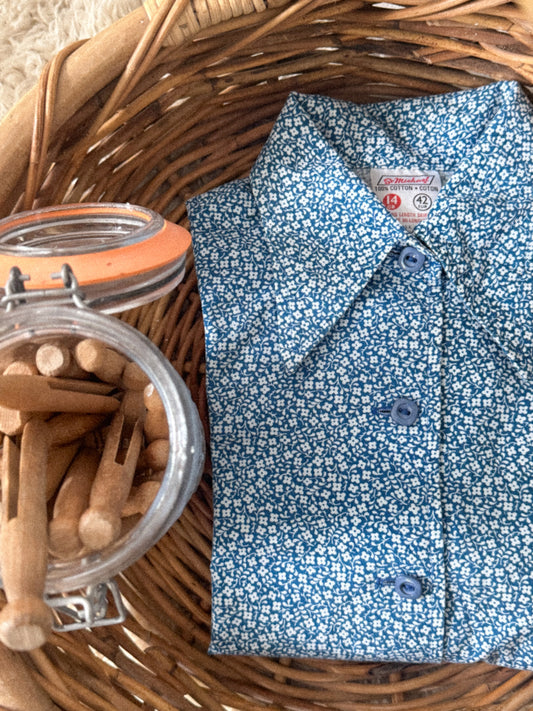 Vintage 1970s St Michael Blue Floral Cotton Shirt – Size 8-10
