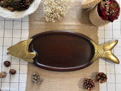 1950s French Mahogany & Brass Fish Shaped Serving Platter