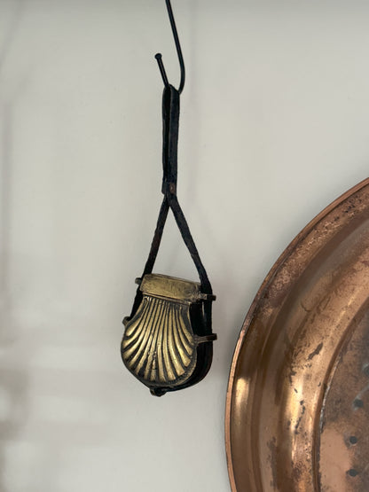 Antique 19th Century Brass Shell Shaped Ottoman Pouch | Cartridge Holder with Leather Strap