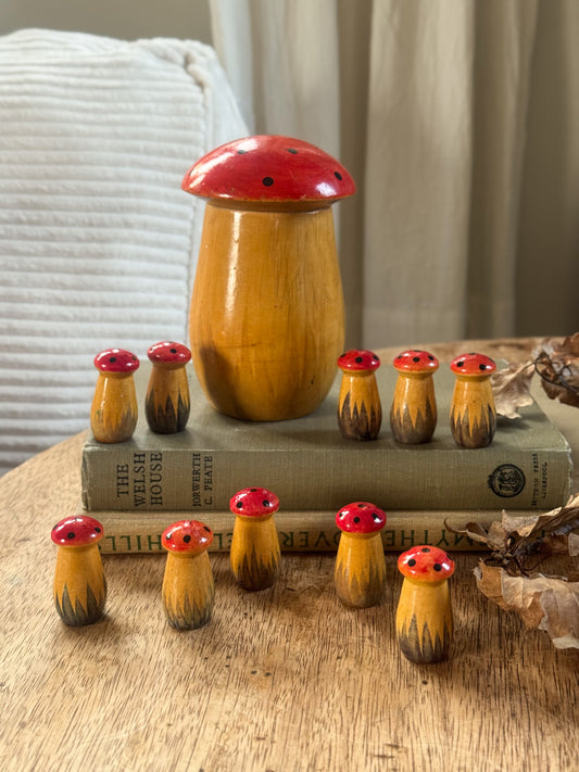 Very Rare Vintage Midcentury Russian Nesting Mushroom Set (Wooden Matryoshka Toadstools)