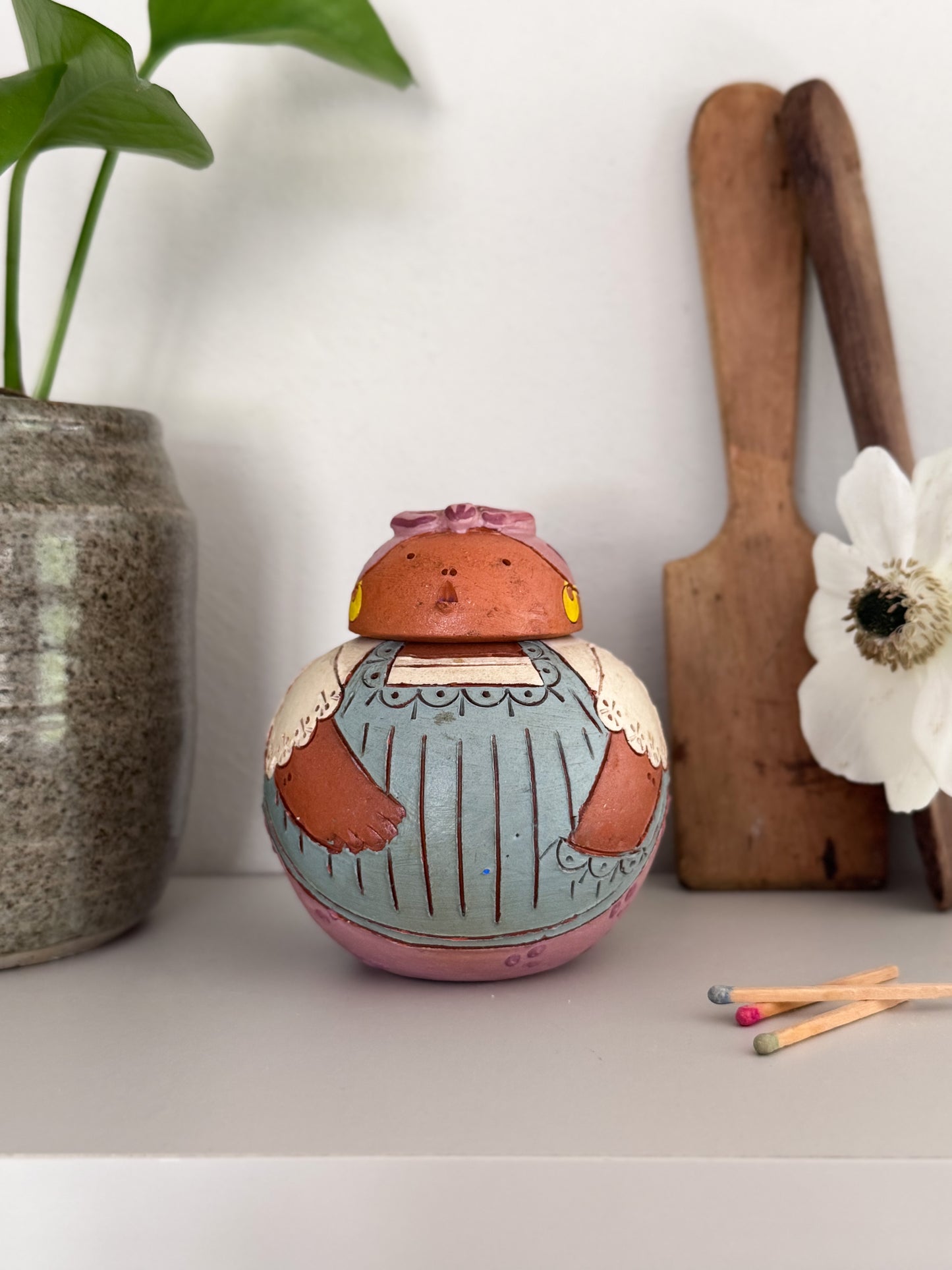 Vintage Studio Pottery Folk Art ‘Lady’ Ginger Jar