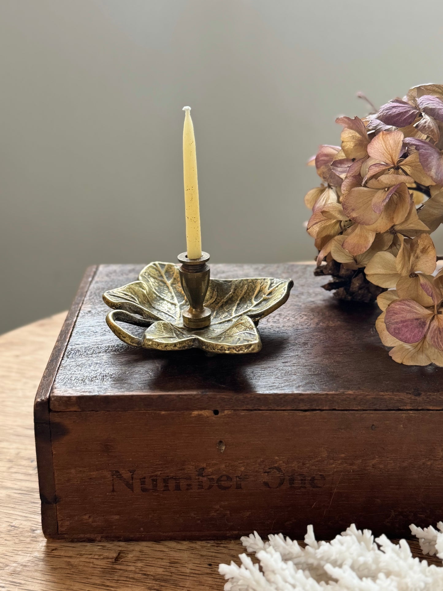 Vintage Solid Brass Ivy Leaf Miniature Candle Holder (with Beeswax Candles)