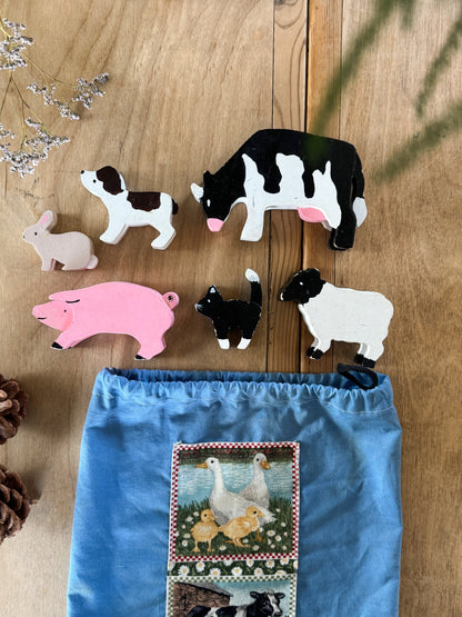 Vintage Handmade Wooden Farm Animal Set - with Original Handmade Patchwork Bag