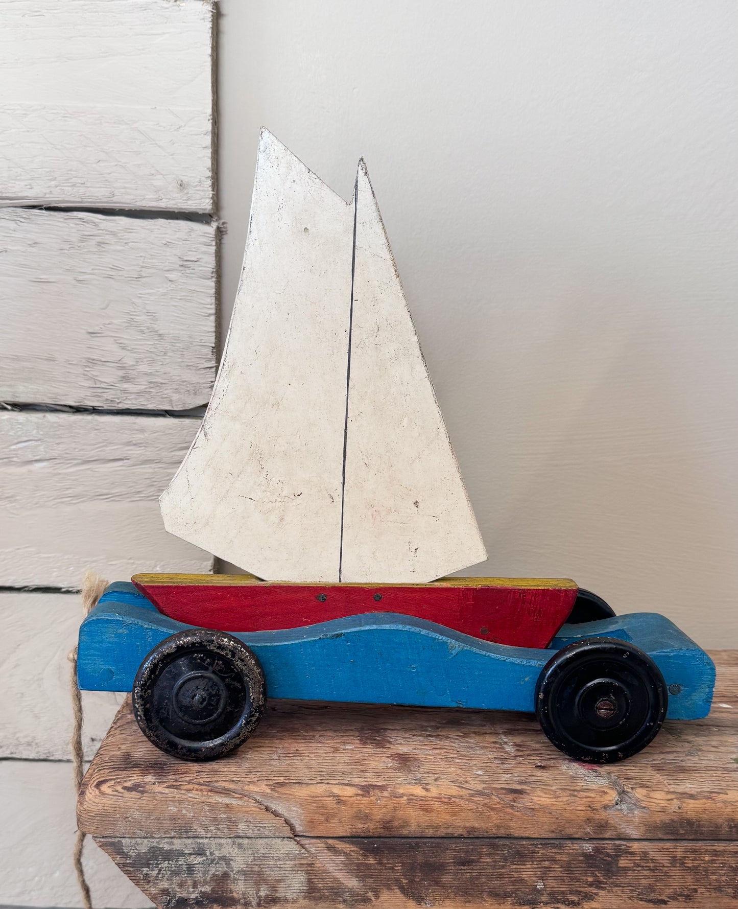 Vintage 1940s–1950s Handmade Folk Art Wooden Pull-Along Bobbing Sailing Boat Toy