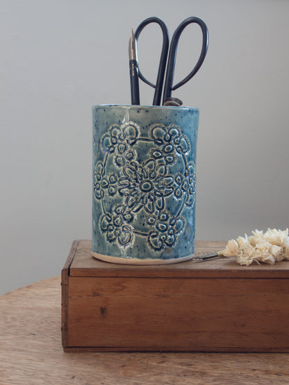 Vintage Blue Speckled Floral Studio Pottery Vessel