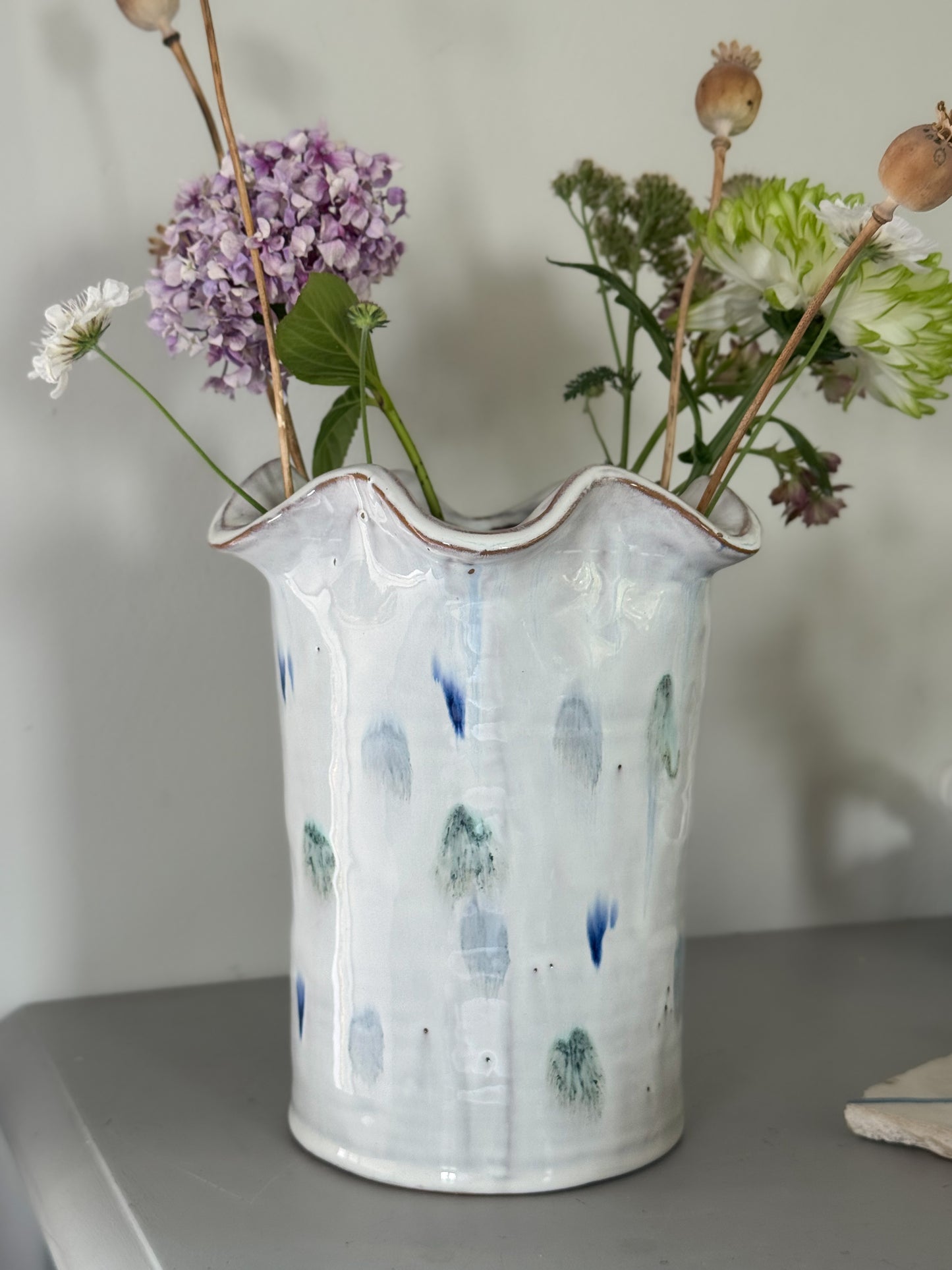 Large Studio Pottery Scalloped Vase with Painterly Blue Glaze