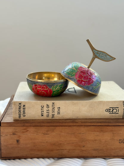 Vintage Brass Apple Trinket Box with Floral Enamel