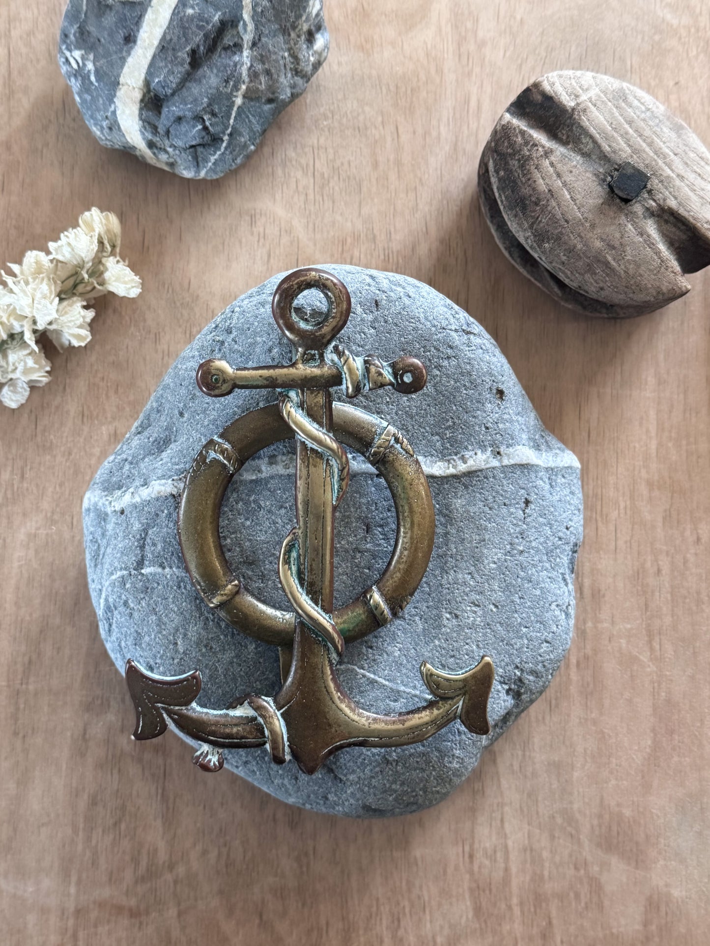 Vintage Solid Brass Anchor Door Knocker with Natural Verdigris Patina